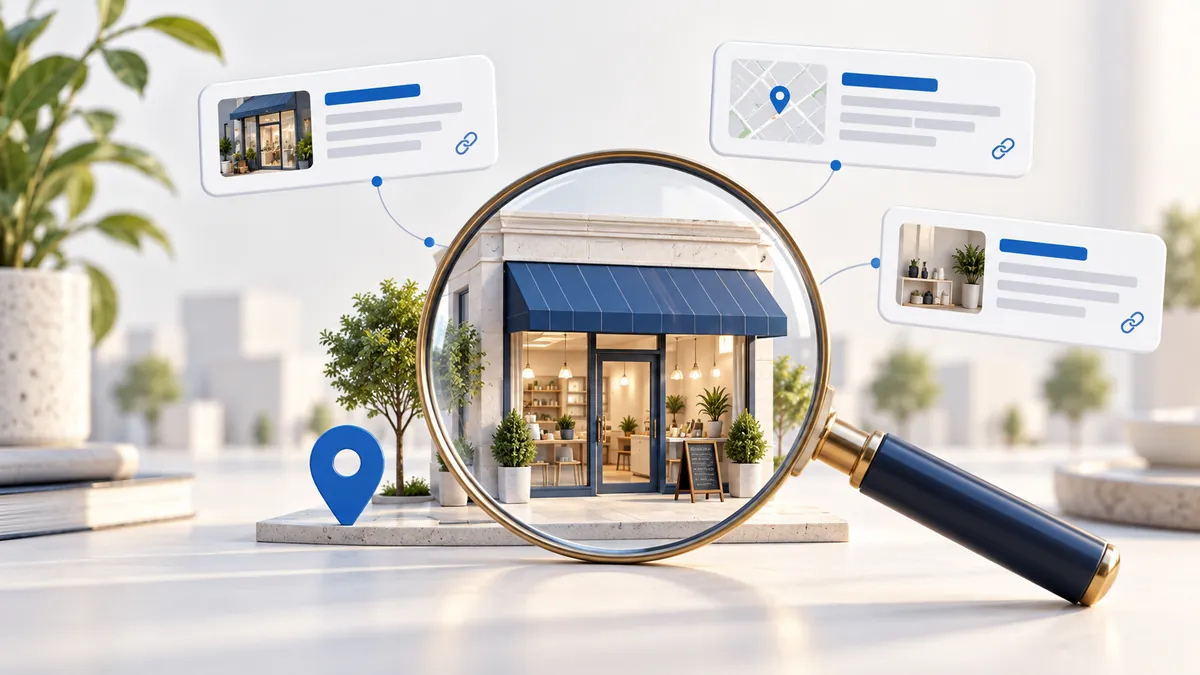 AI Search Visibility and Business Discovery Magnifying glass highlighting a storefront linked to search results and a location pin.