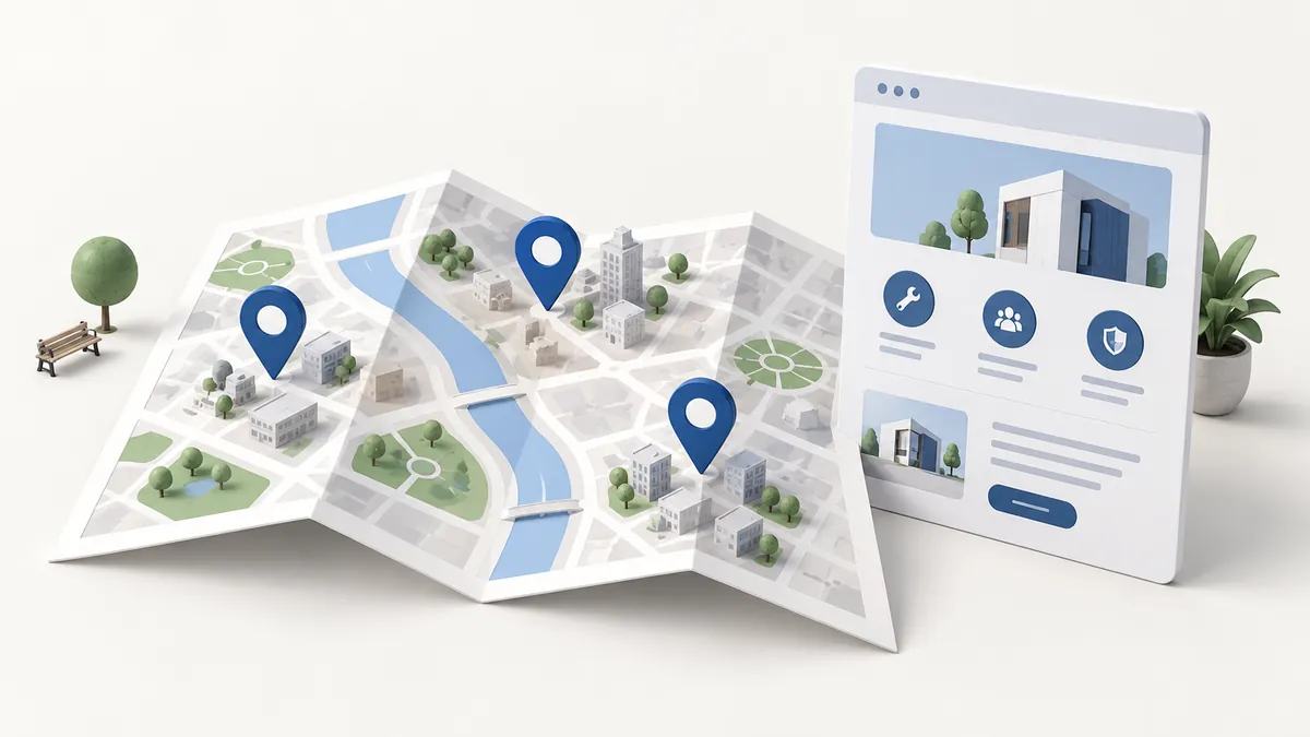 Do You Need a Separate Website Page for Every City You Serve? — Featured Illustration Folded street map with three blue location pins beside a service website page.