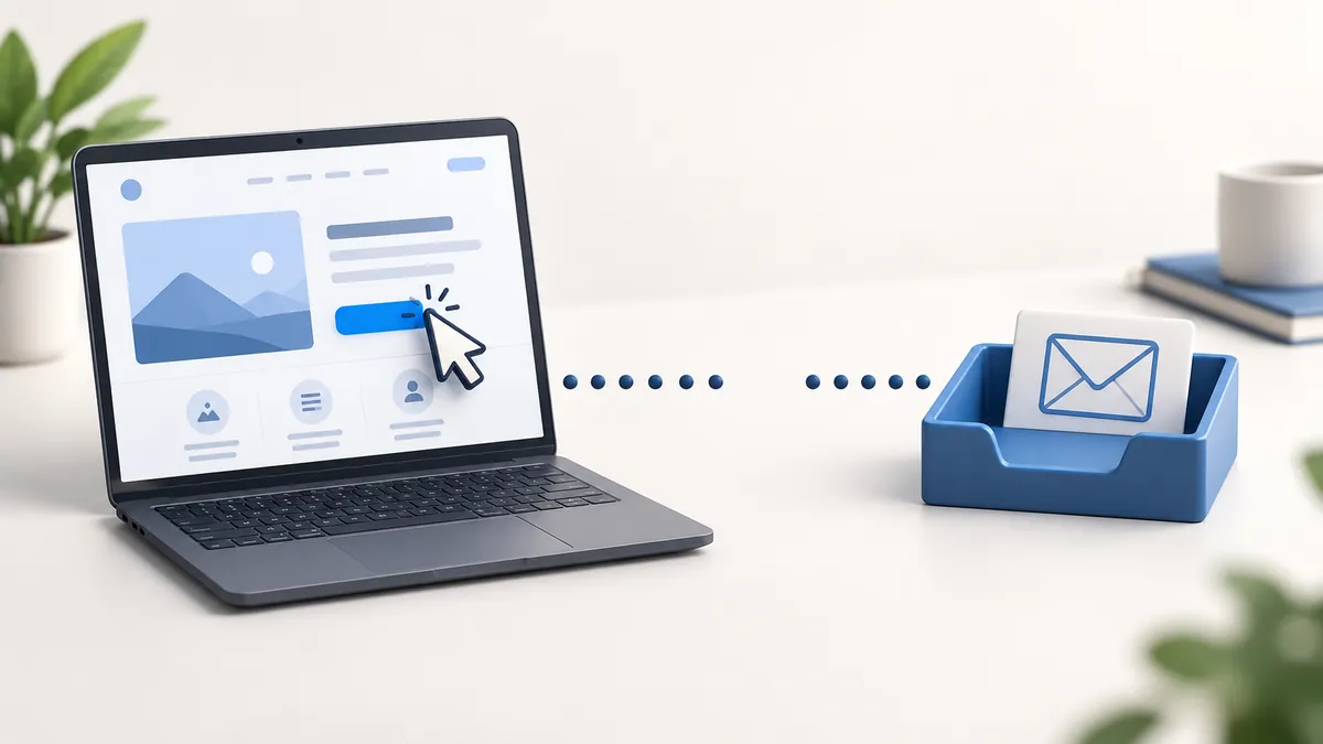 Google Ads Clicks Without Leads Laptop with a cursor connected by a broken dotted line to a blue inbox tray with an envelope symbol.