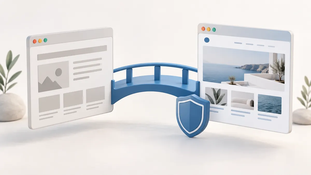 Planning a Website Redesign? How to Protect Your Google Rankings — Featured Illustration Two website layouts connected by a blue bridge with a protective shield.