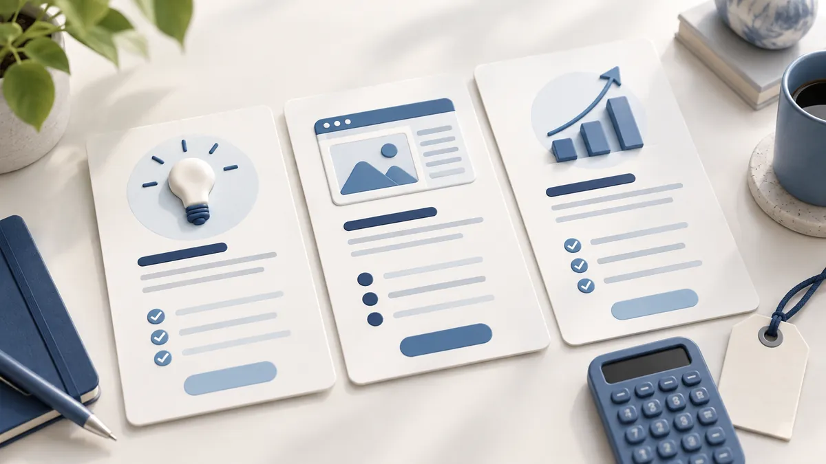 Should You Put Prices on Your Service Business Website? — Featured Illustration Three service proposal cards arranged beside a blue calculator and a blank price tag.